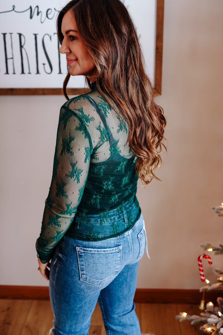 Kian Mock Neck Lace Top - Pine Green