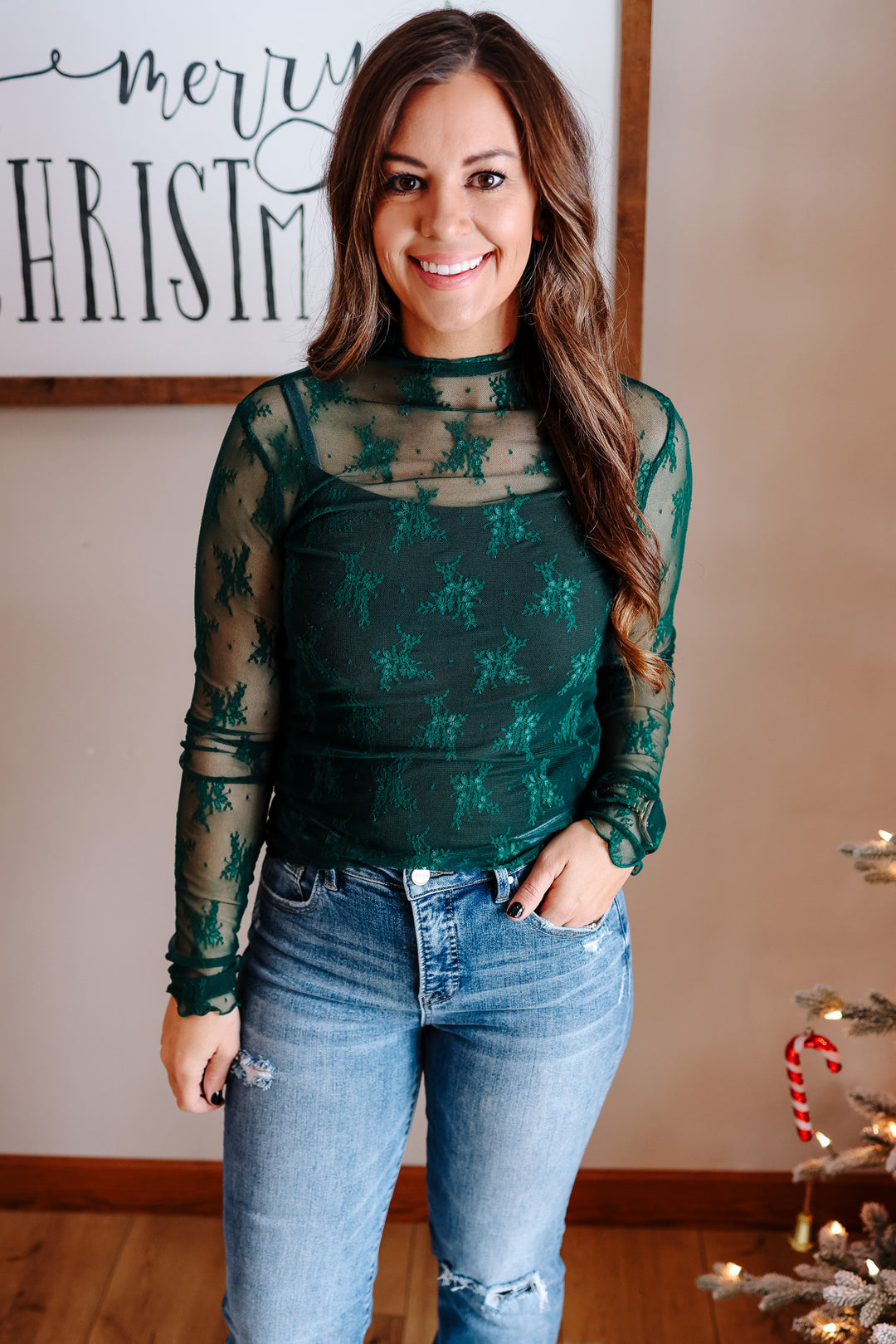 Kian Mock Neck Lace Top - Pine Green