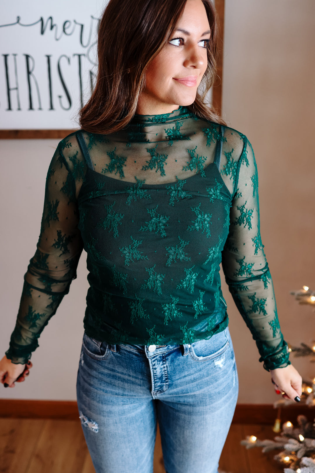 Kian Mock Neck Lace Top - Pine Green