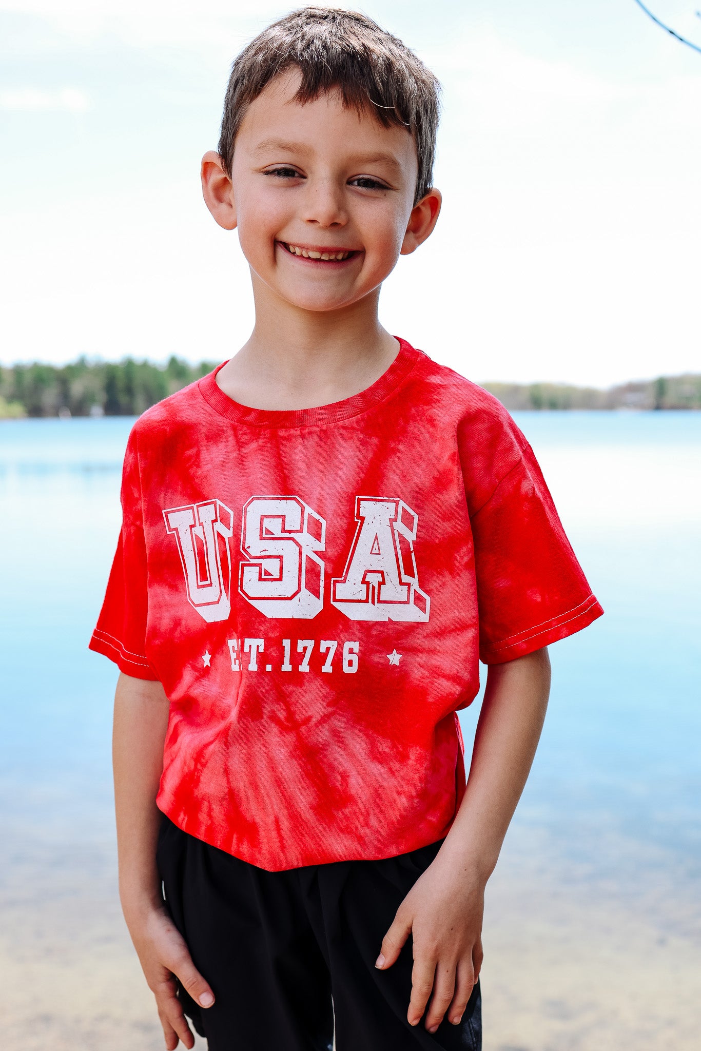 KIDS USA Block Letter Graphic Tee - Tie Dye Red