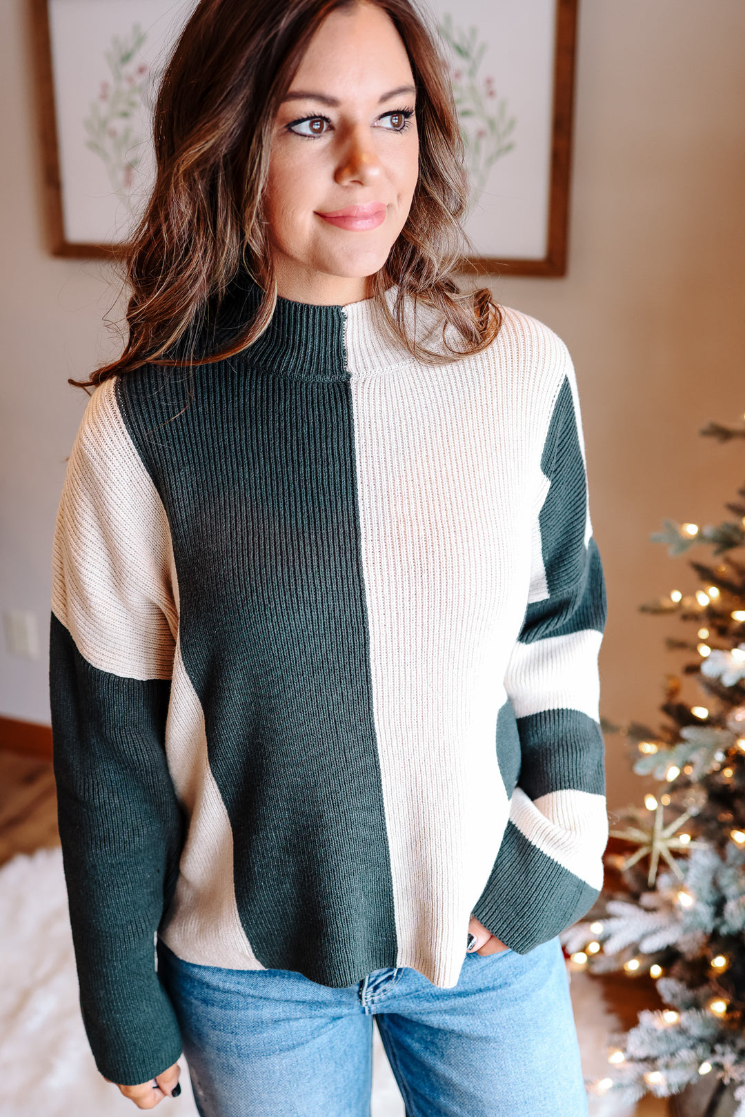 Briar Stripe Mockneck Sweater - Hunter Green