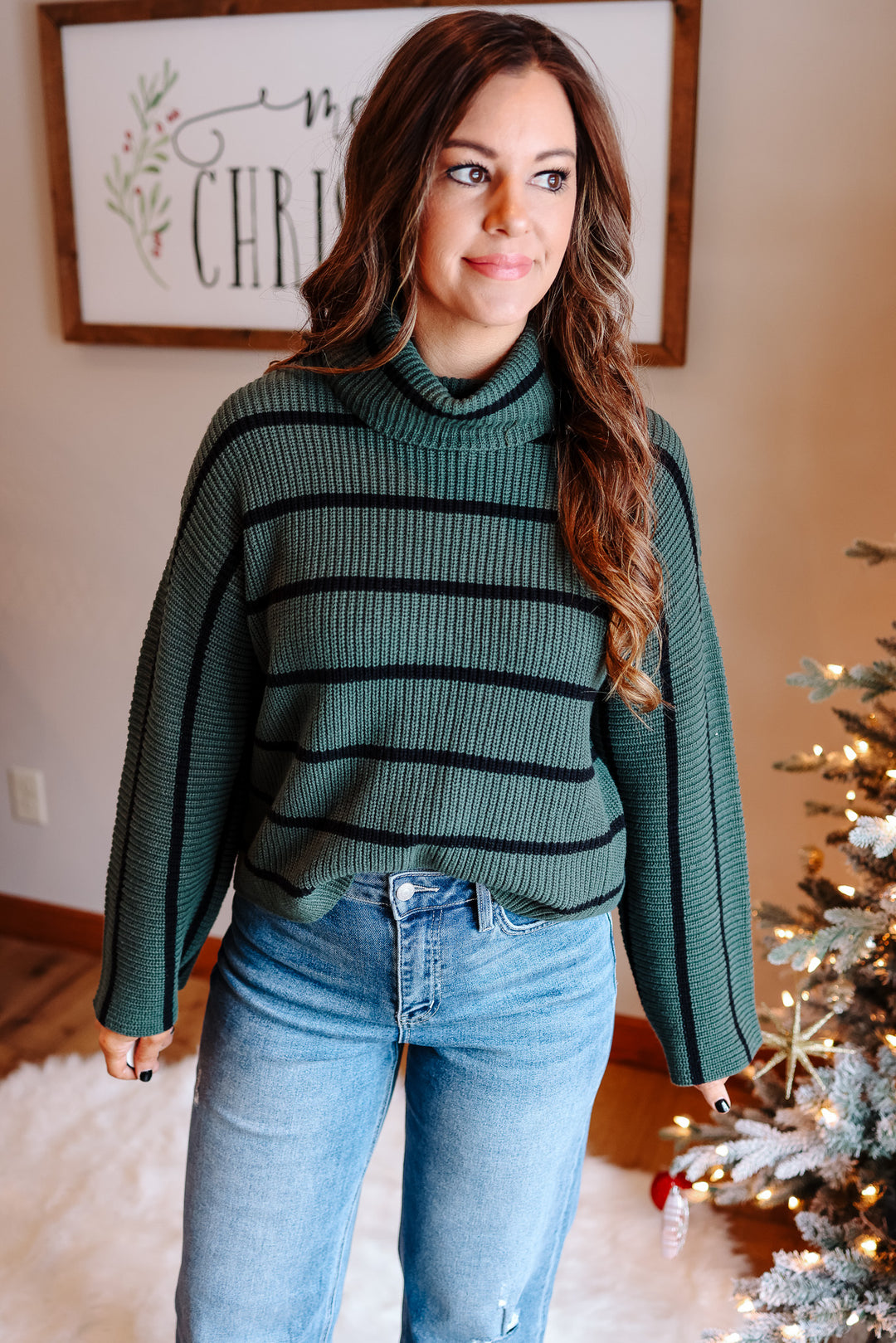 Mae Stripe Turtleneck Sweater - Hunter Green