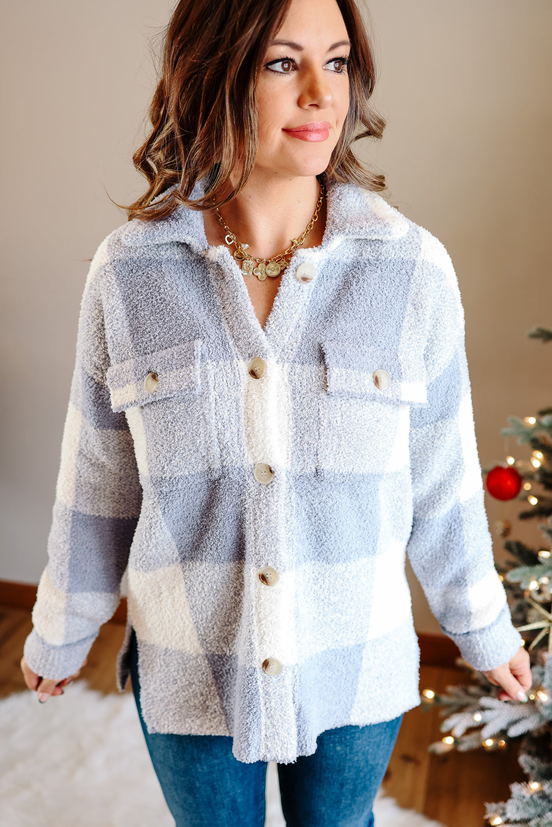 Camilla Cozy Checkered Shacket - Dusty Blue