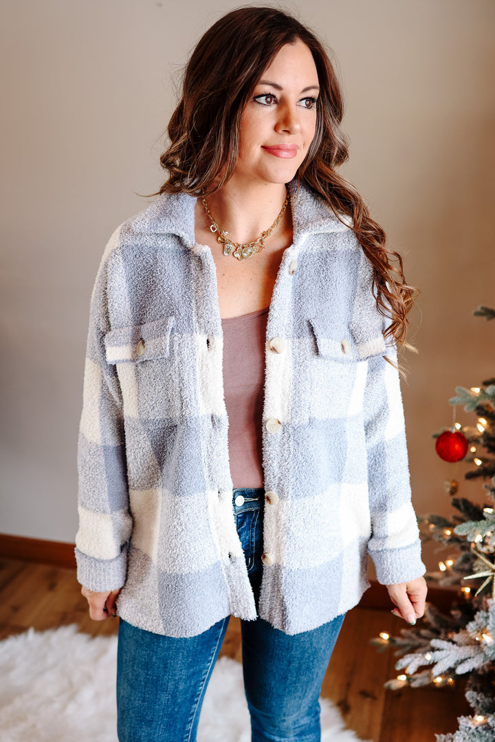 Camilla Cozy Checkered Shacket - Dusty Blue