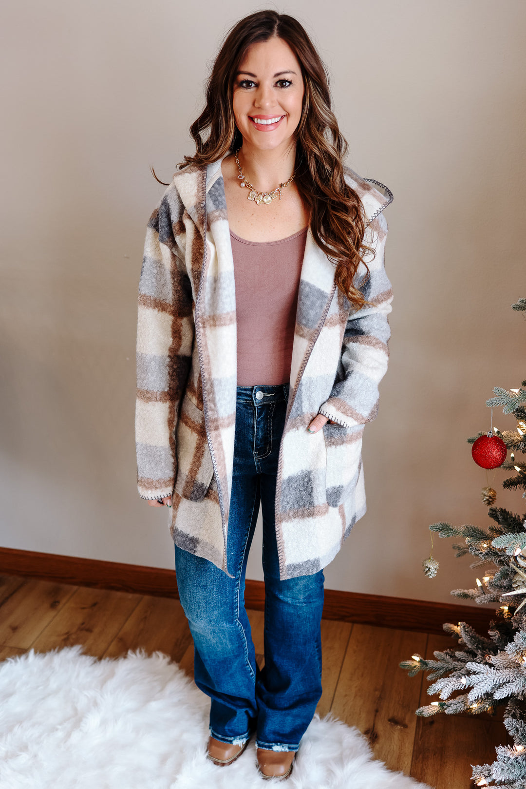 Blair Blanket Stitched Plaid Cardigan - Grey