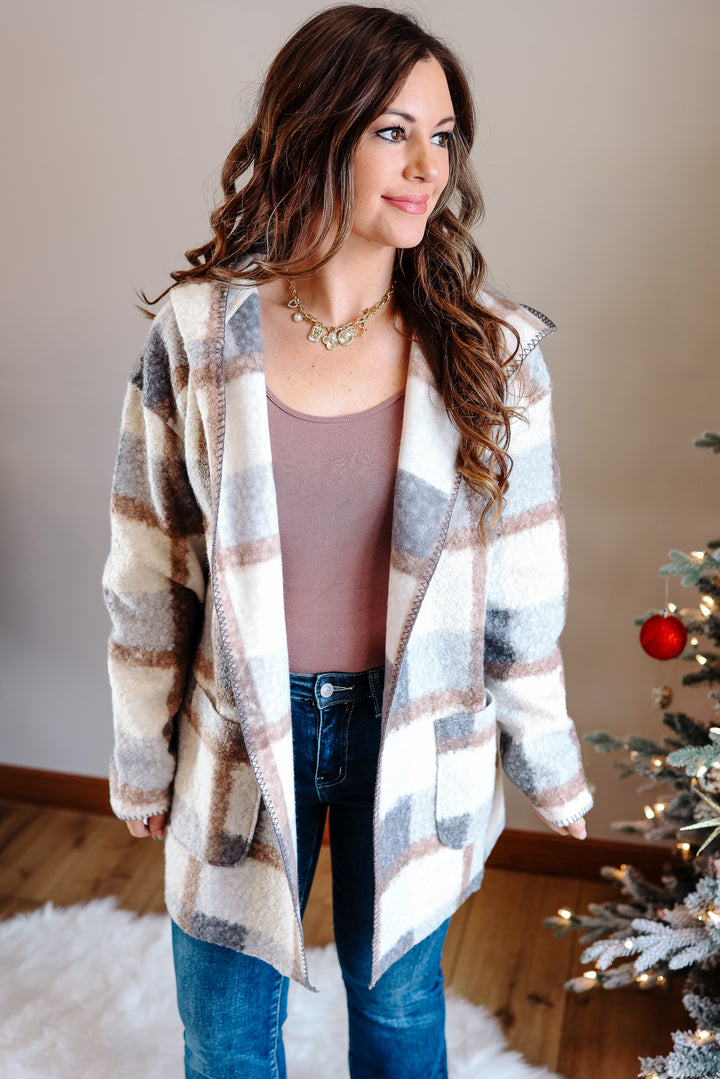 Blair Blanket Stitched Plaid Cardigan - Grey