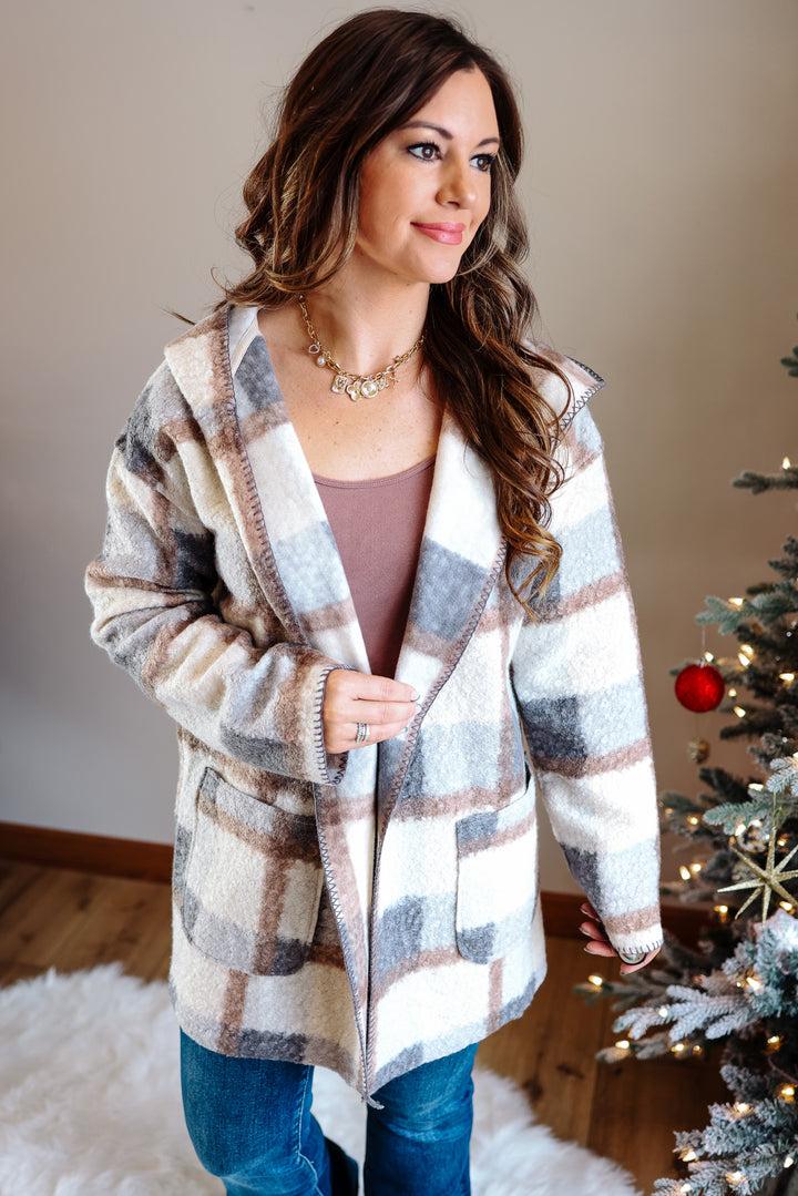 Blair Blanket Stitched Plaid Cardigan - Grey