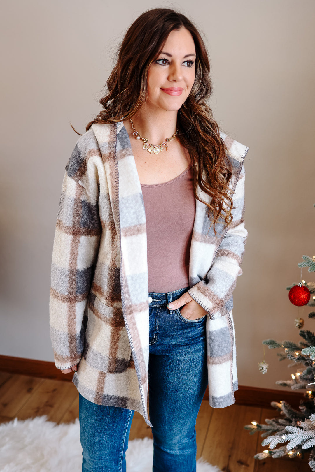 Blair Blanket Stitched Plaid Cardigan - Grey