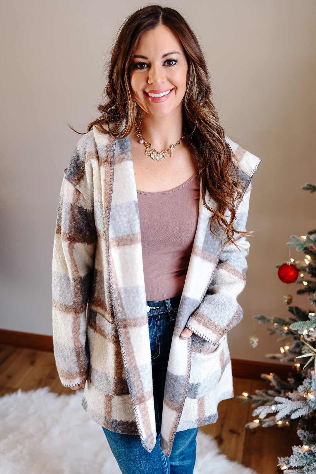 Blair Blanket Stitched Plaid Cardigan - Grey