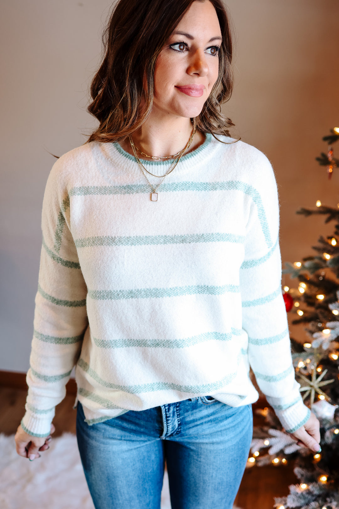 Cora Stripe Sweater - Dark Mint