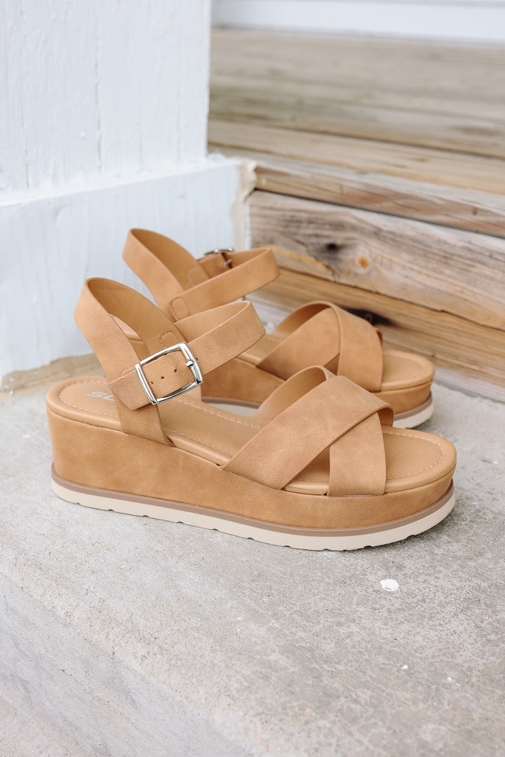 Cross-Strap Platform Sandal: Light Tan