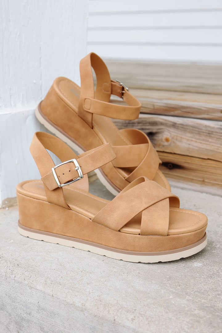 Cross-Strap Platform Sandal: Light Tan