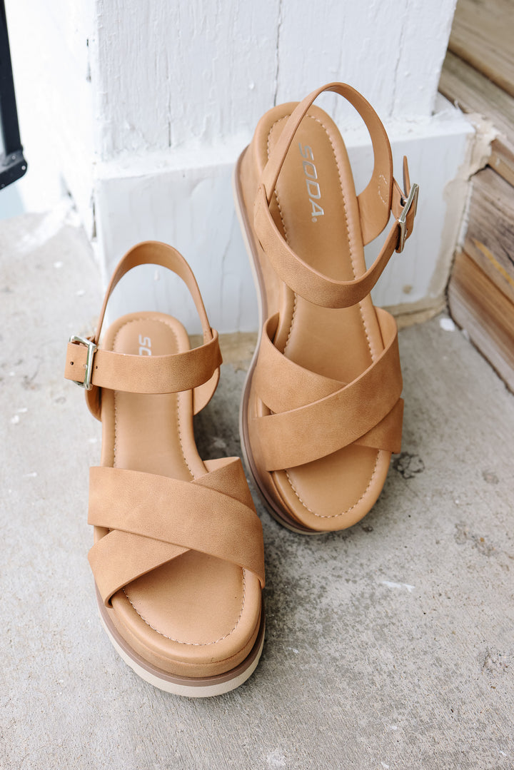 Cross-Strap Platform Sandal: Light Tan