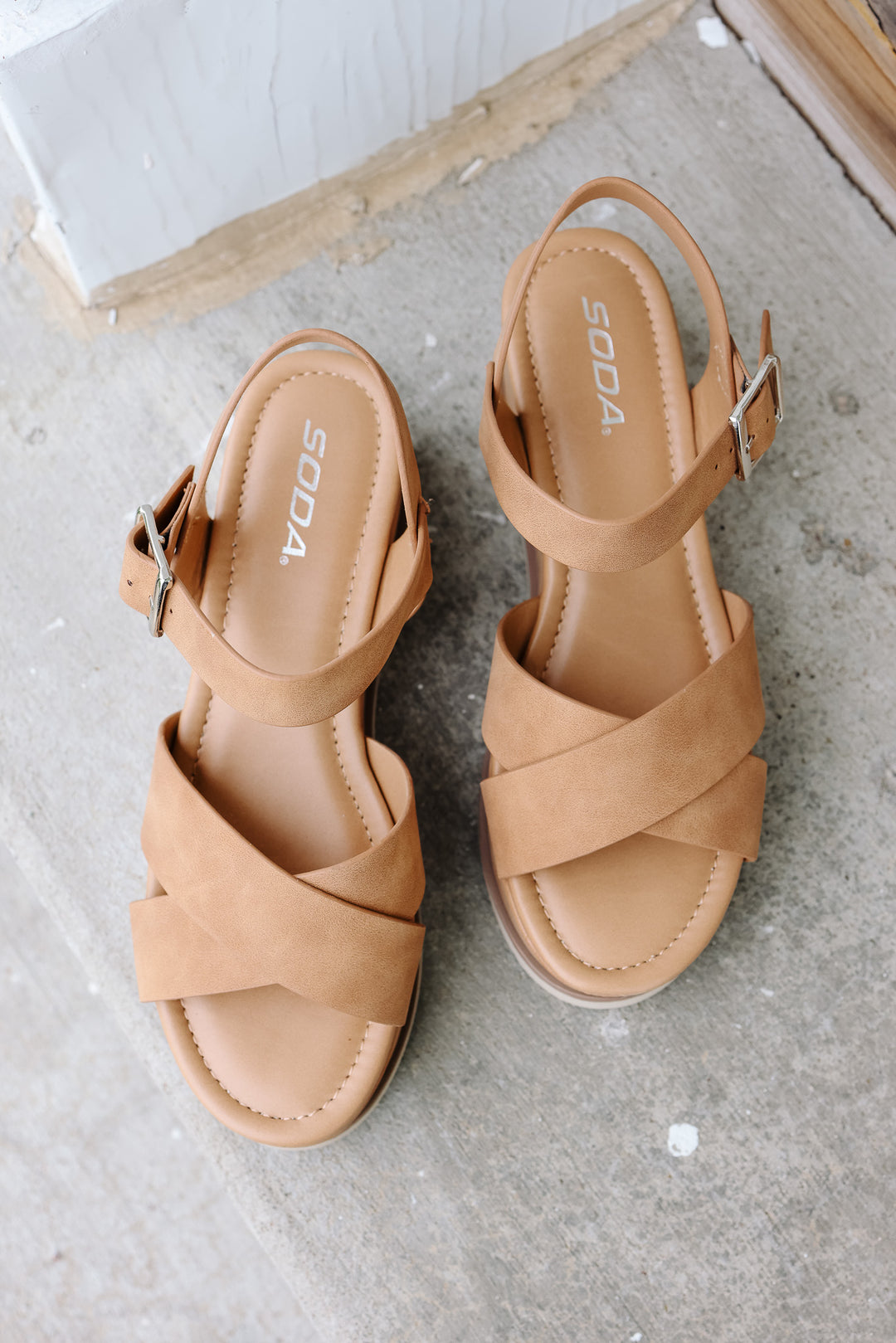 Cross-Strap Platform Sandal: Light Tan