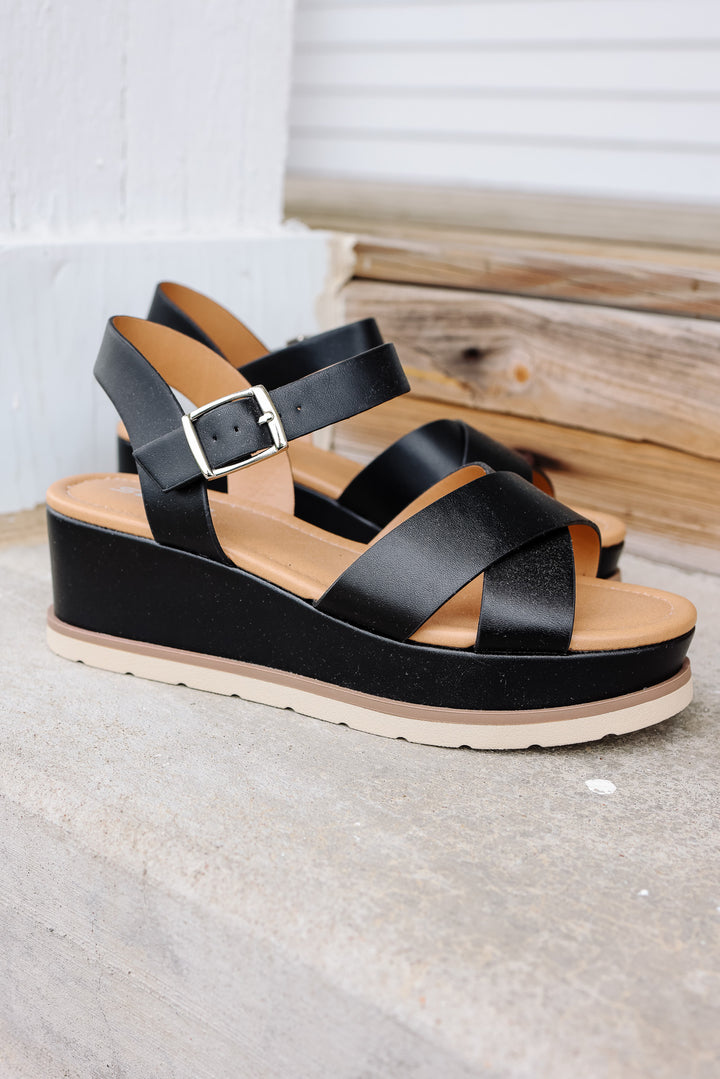 Cross-Strap Platform Sandal: Black