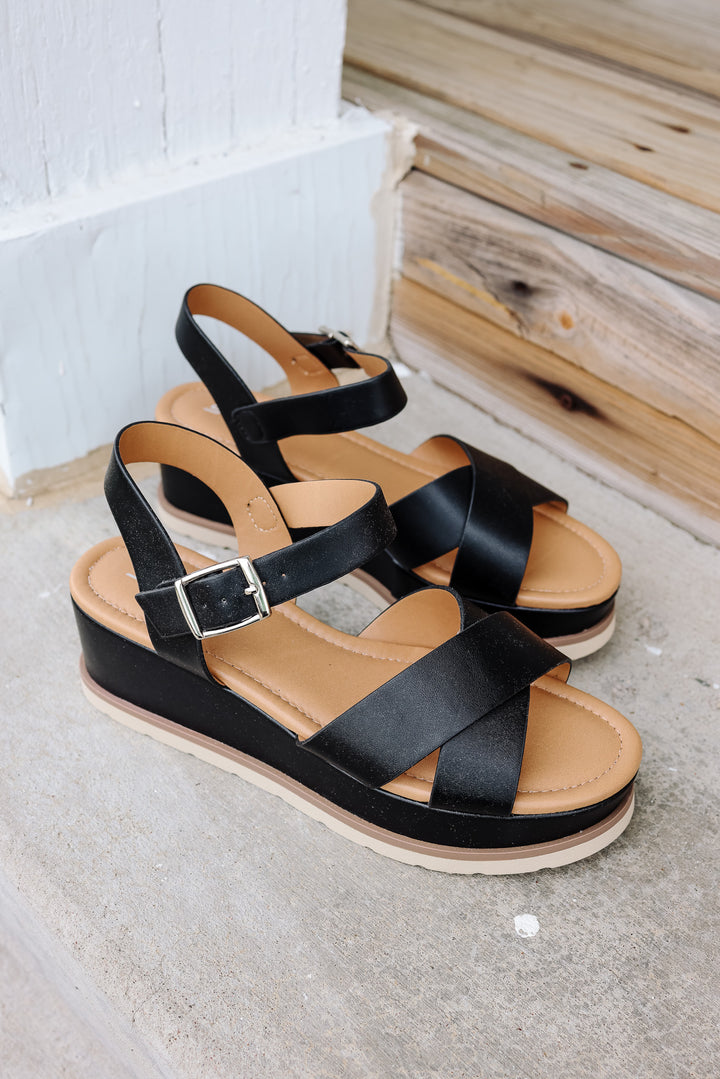 Cross-Strap Platform Sandal: Black