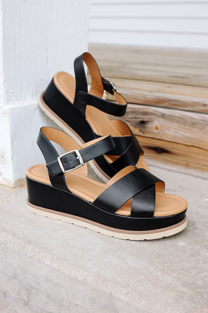 Cross-Strap Platform Sandal: Black