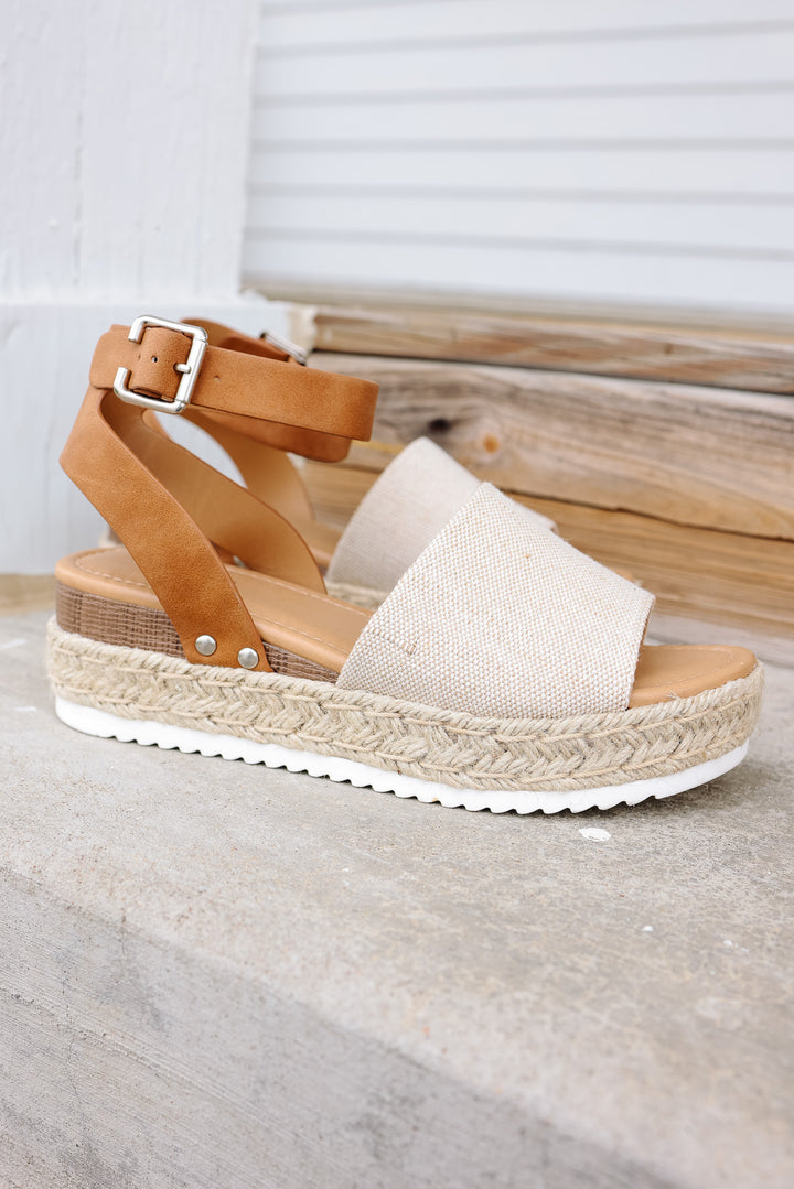 Espadrille Platform Ankle Strap Sandal: Beige Canvas