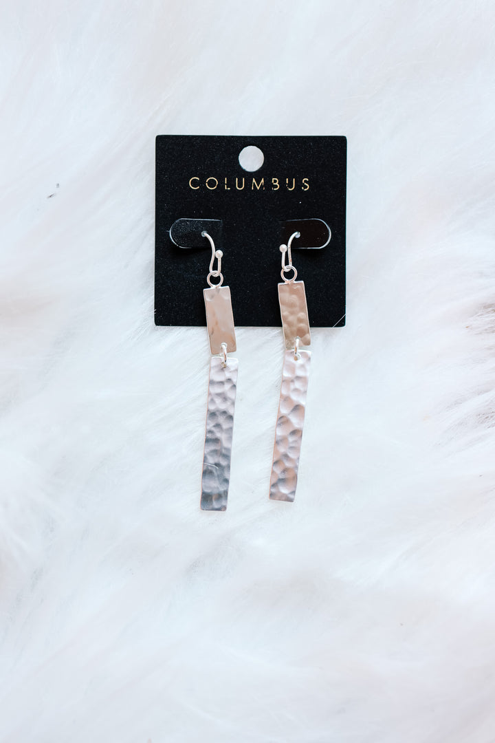 Hammered Bar Drop Earrings - Silver