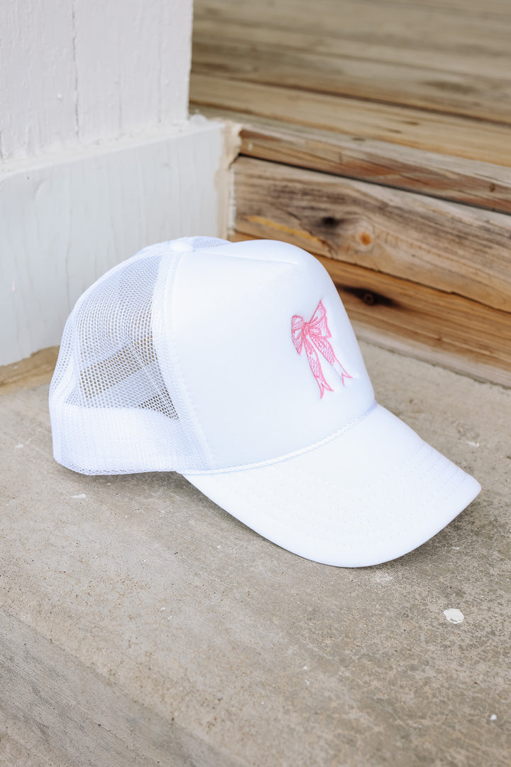 Bow Trucker Hat - White & Pink