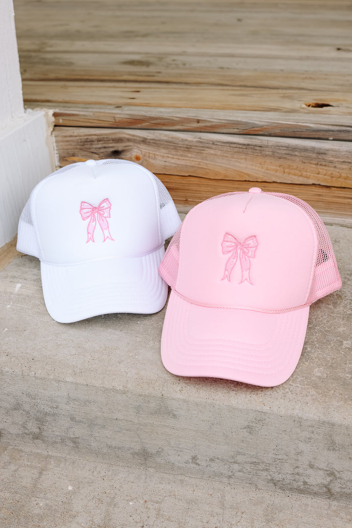 Bow Trucker Hat - White & Pink