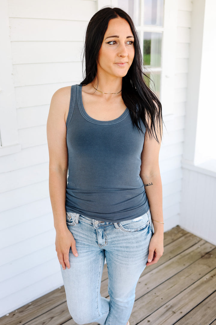 Isla Ribbed Tank - Charcoal Blue