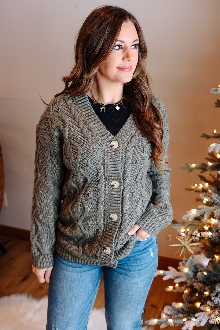 Ava Cable Knit Cardigan - Sage