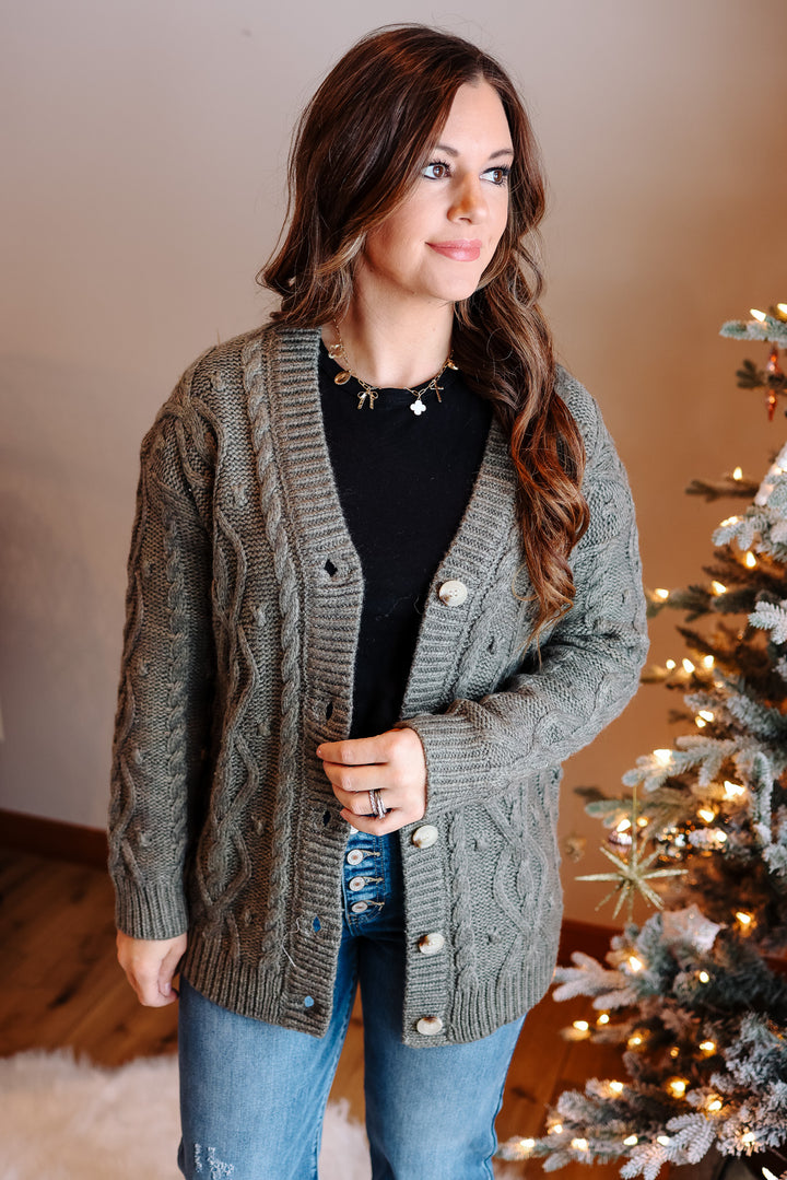 Ava Cable Knit Cardigan - Sage