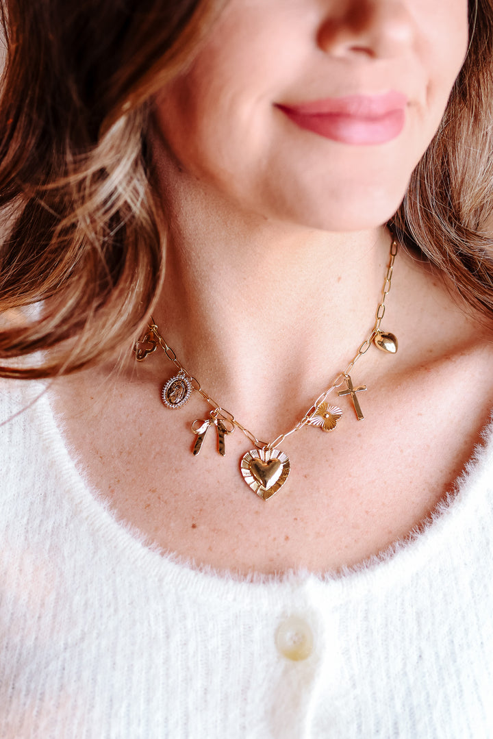 Gabby Heart, Cross, Clover, & Ribbon Charm Necklace