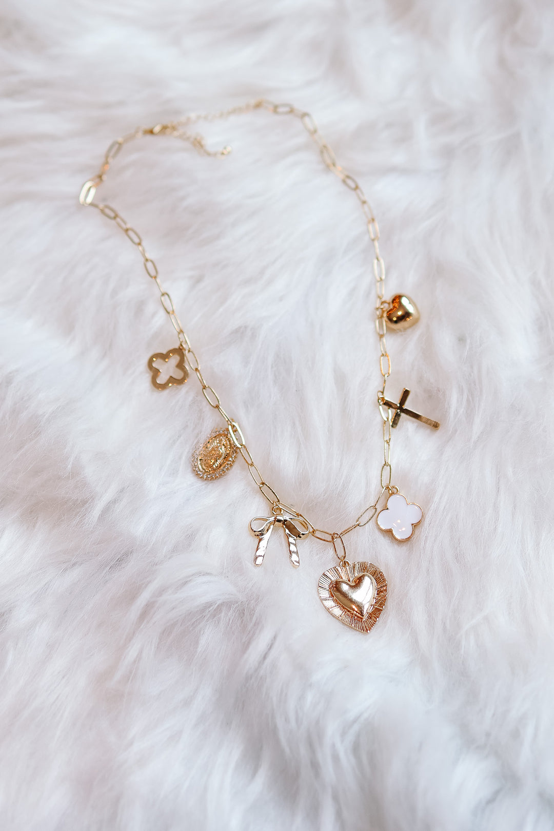 Gabby Heart, Cross, Clover, & Ribbon Charm Necklace