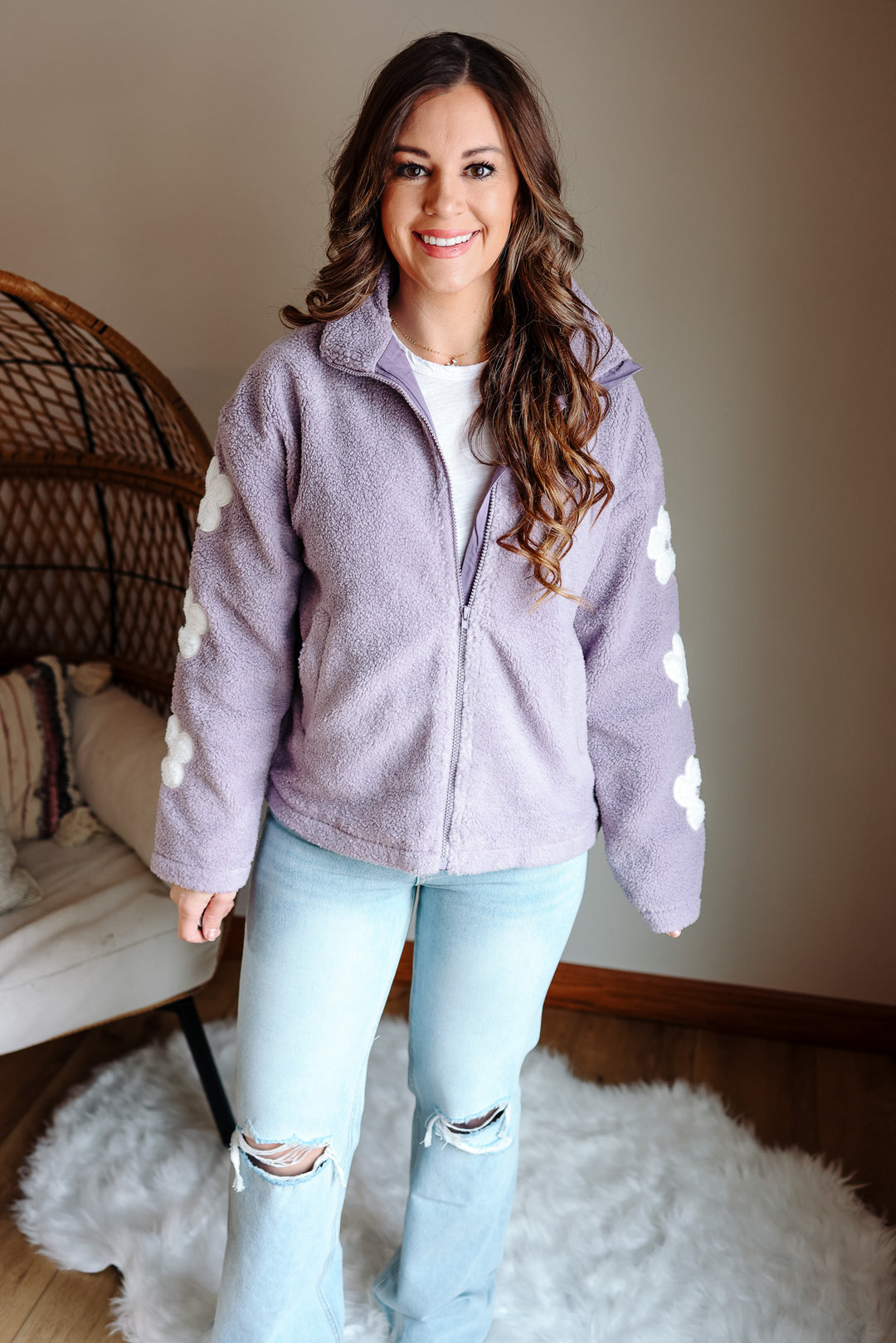 Maddie Flower Embroidery Zip Up - Lavender