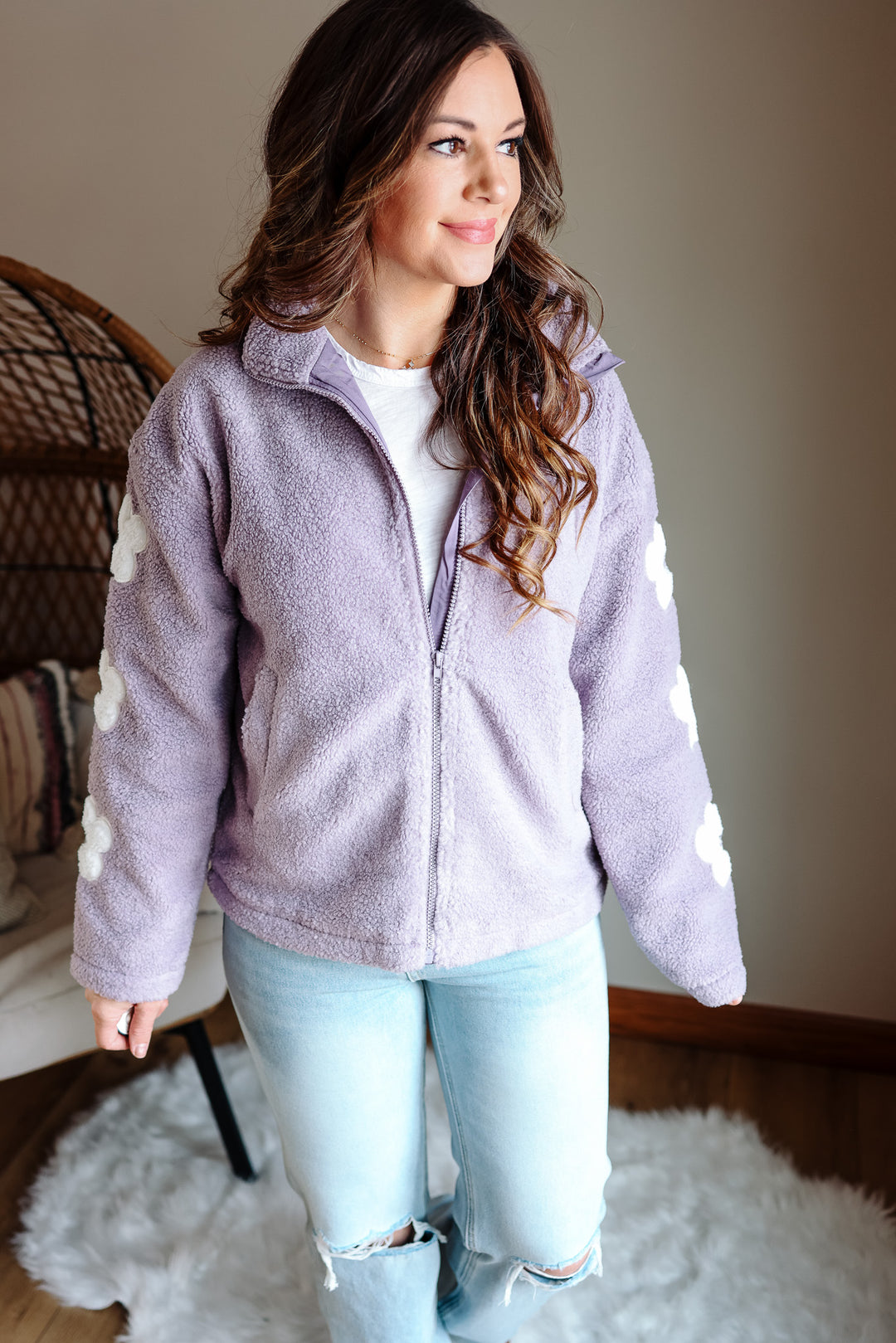 Maddie Flower Embroidery Zip Up - Lavender