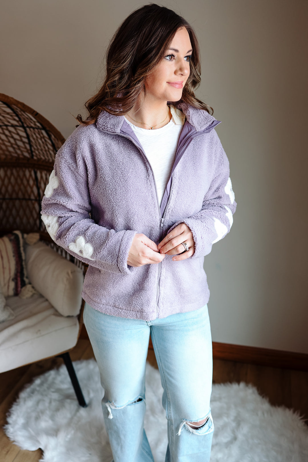 Maddie Flower Embroidery Zip Up - Lavender