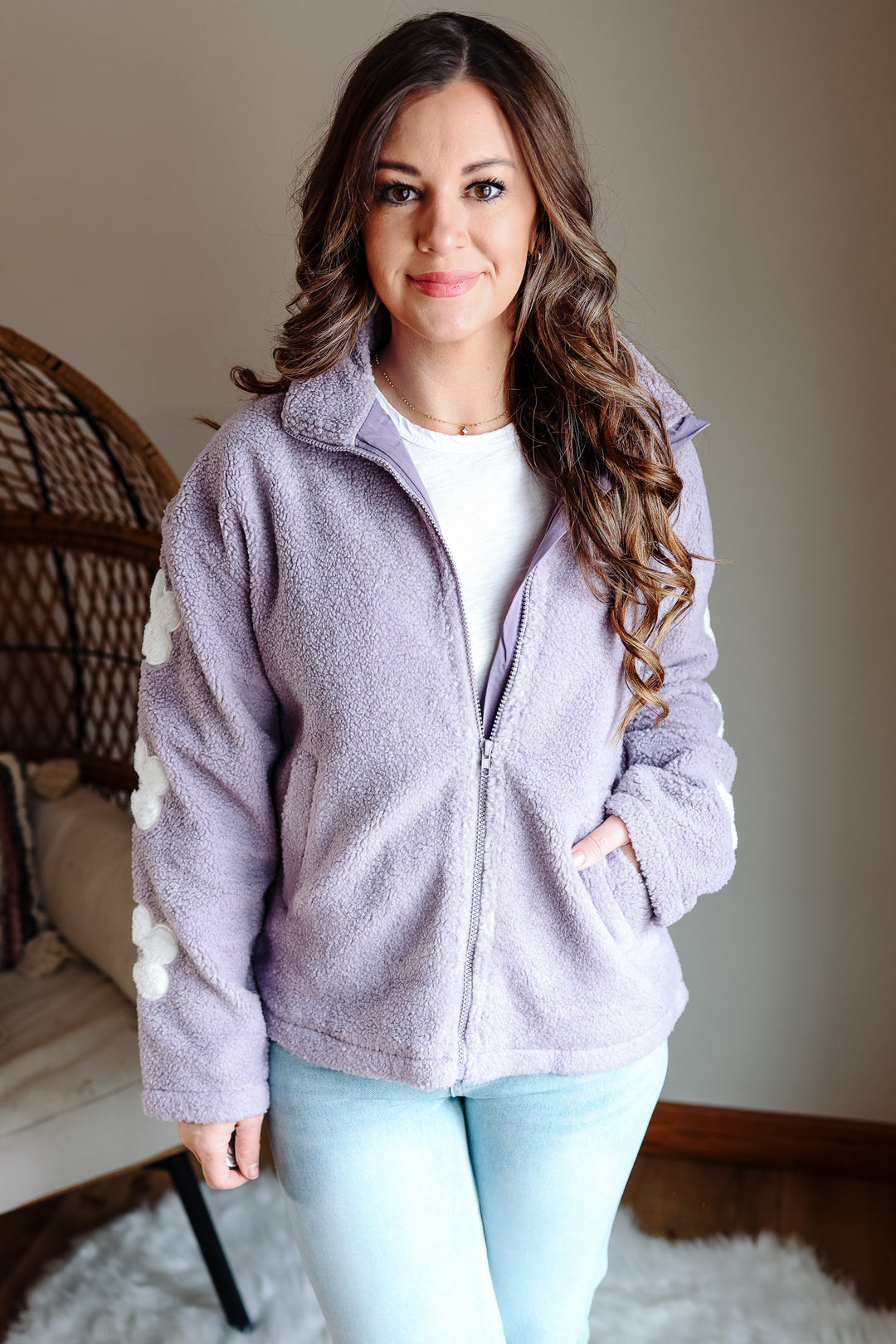 Maddie Flower Embroidery Zip Up - Lavender