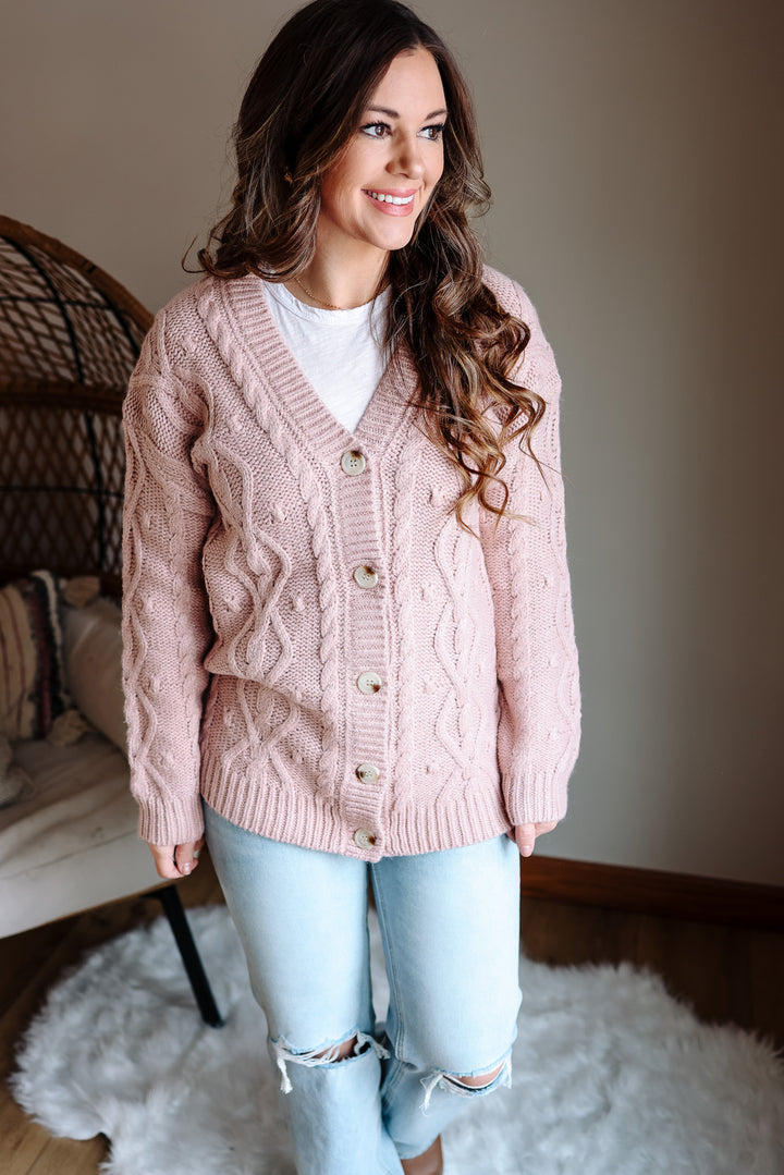 Ava Cable Knit Cardigan - Pink