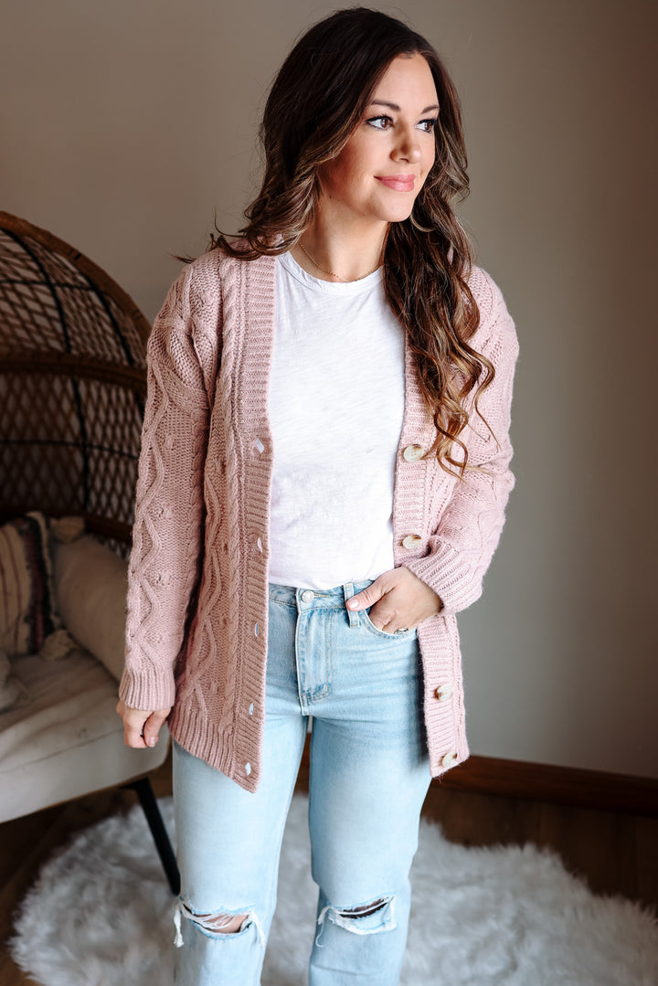 Ava Cable Knit Cardigan - Pink