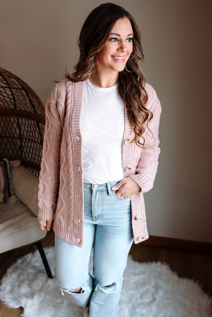 Ava Cable Knit Cardigan - Pink