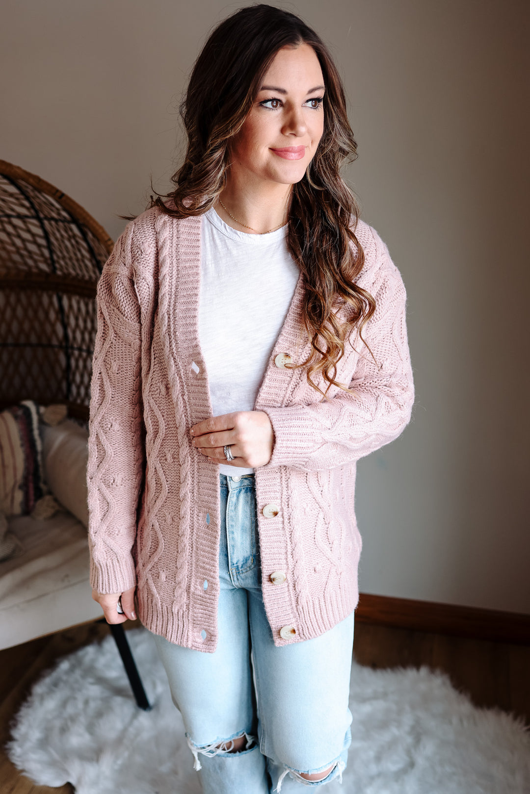 Ava Cable Knit Cardigan - Pink