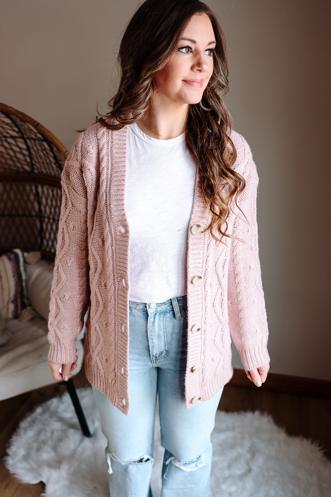 Ava Cable Knit Cardigan - Pink