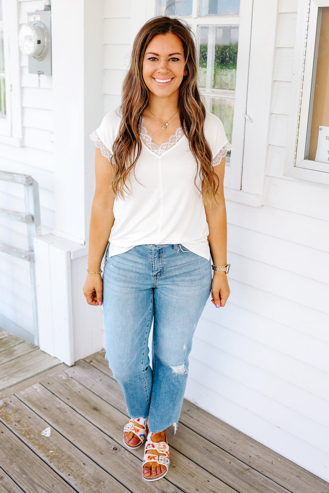 Riley Lace Trim Tee - Off White