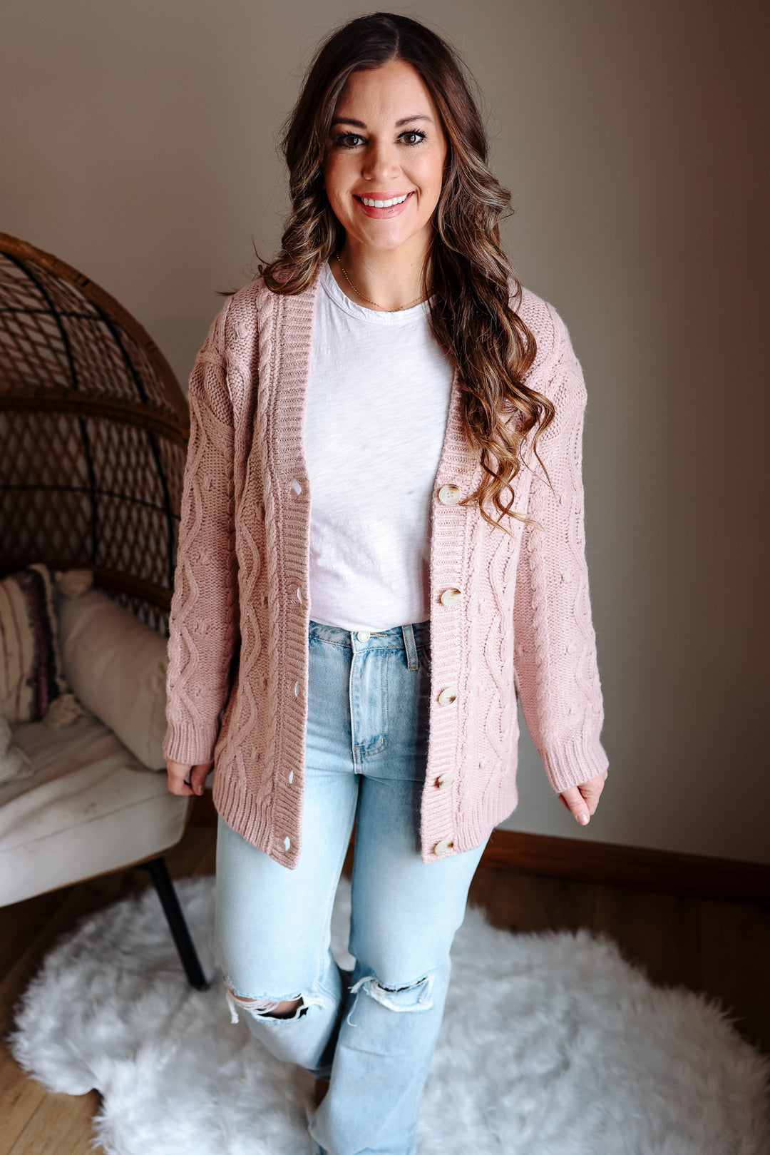 Ava Cable Knit Cardigan - Pink