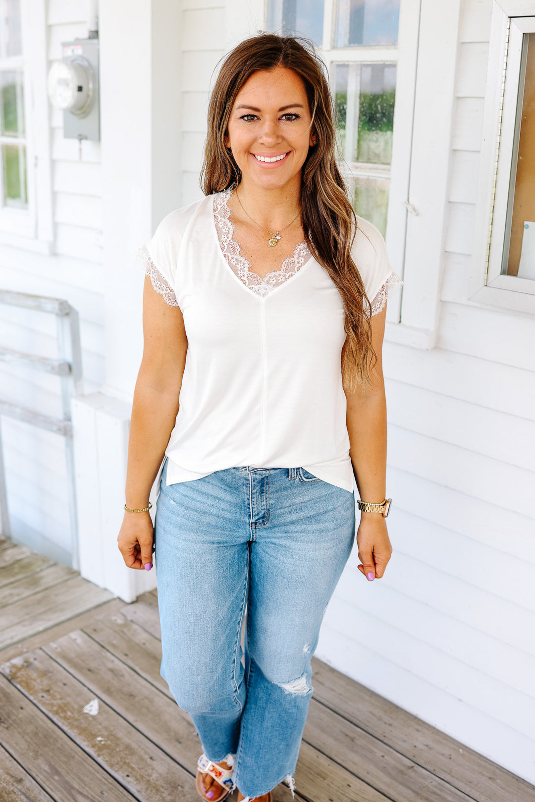 Riley Lace Trim Tee - Off White