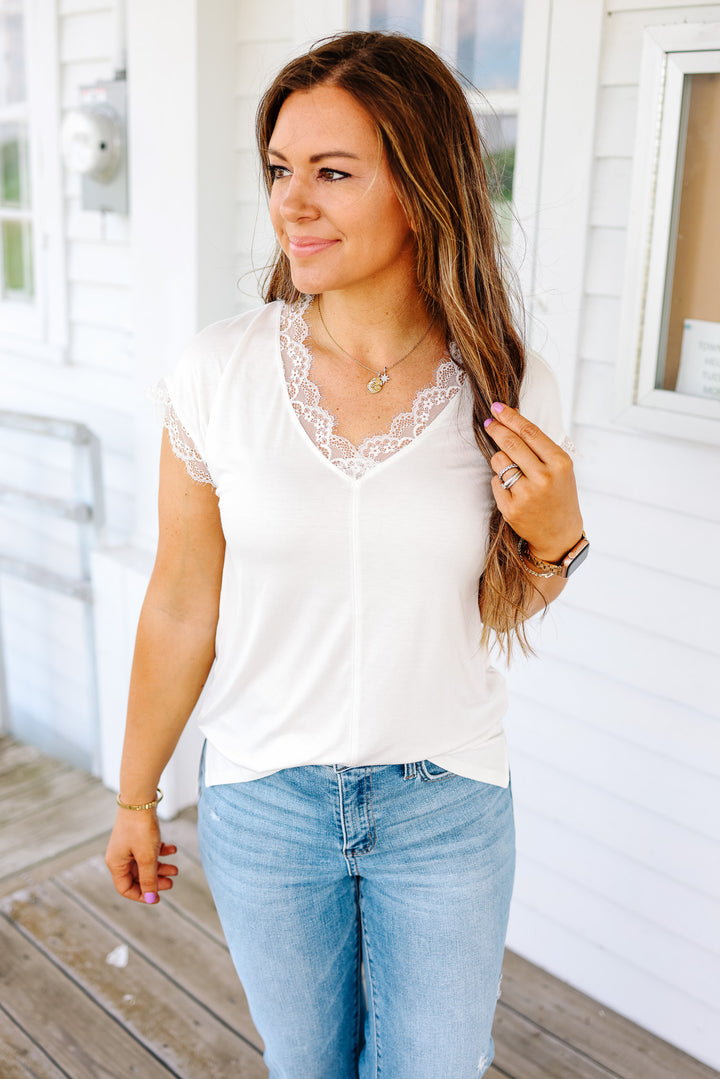 Riley Lace Trim Tee - Off White