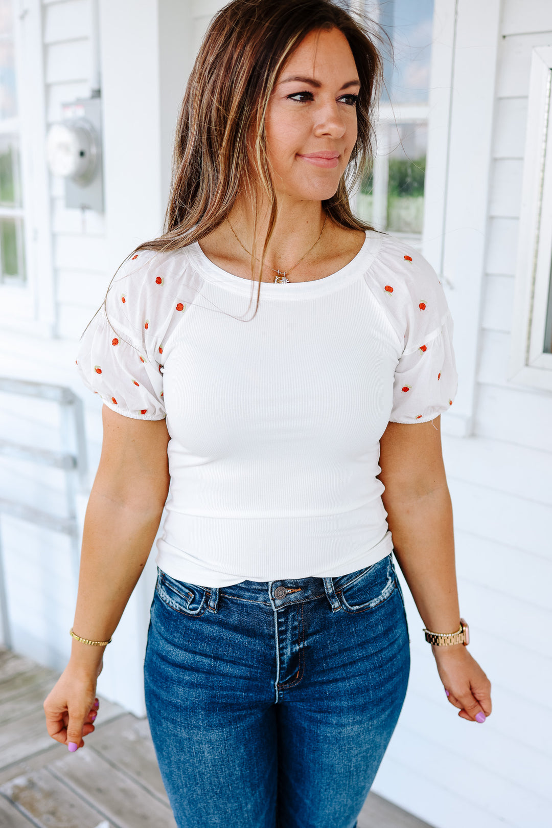 Cherry Embroidered Sleeve Tee