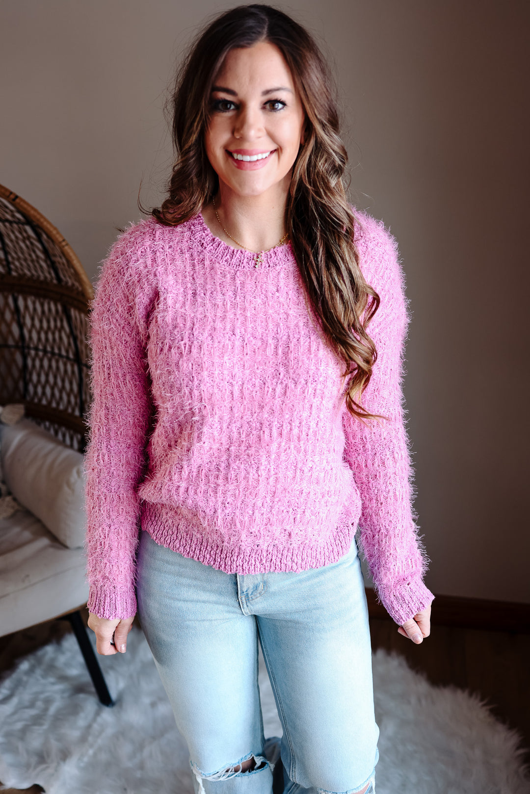 Delta Fluffy Tweed Sweater - Pink