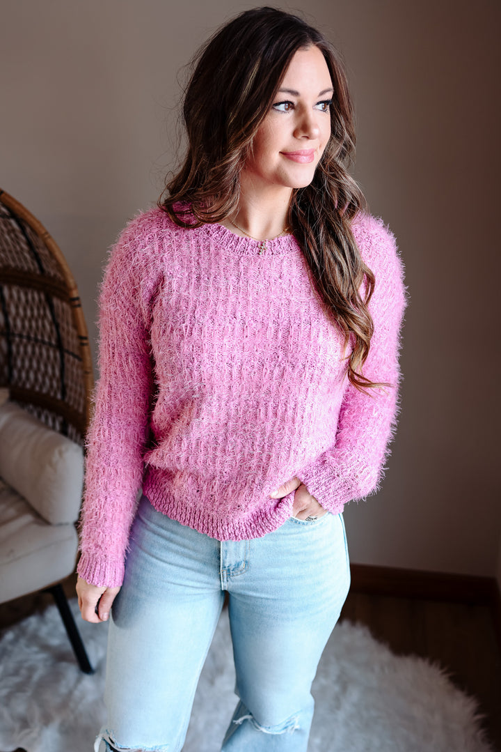 Delta Fluffy Tweed Sweater - Pink