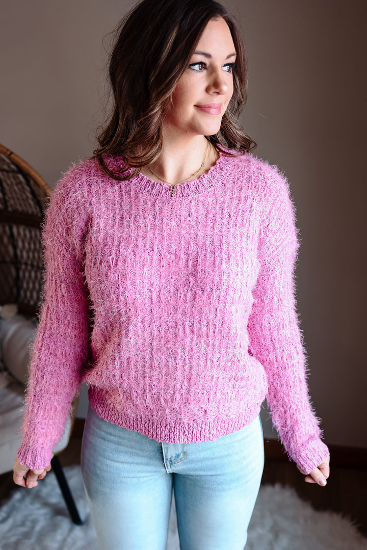 Delta Fluffy Tweed Sweater - Pink