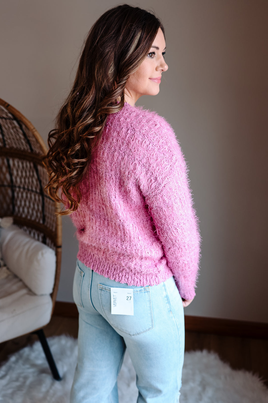 Delta Fluffy Tweed Sweater - Pink