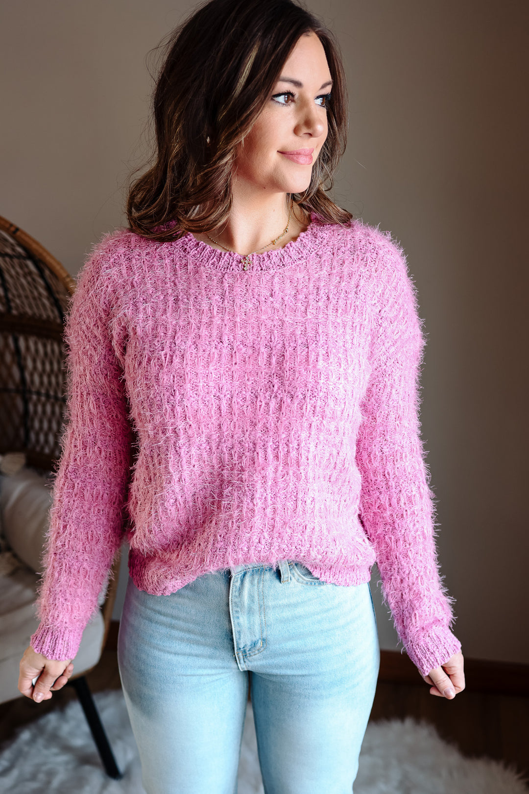 Delta Fluffy Tweed Sweater - Pink