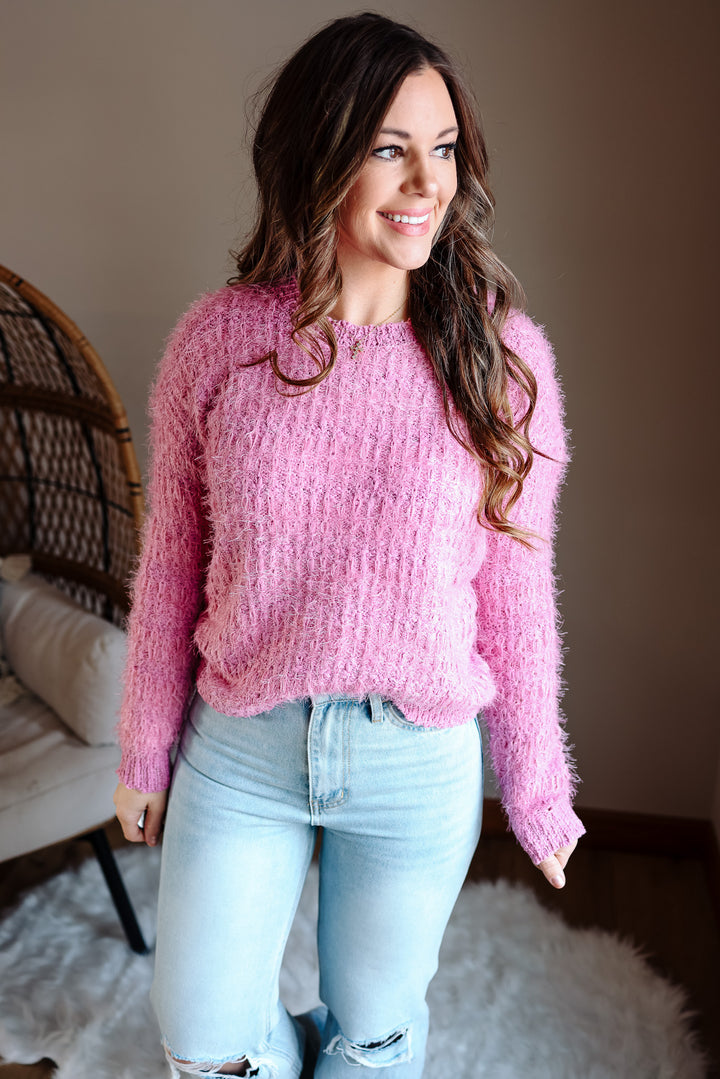 Delta Fluffy Tweed Sweater - Pink